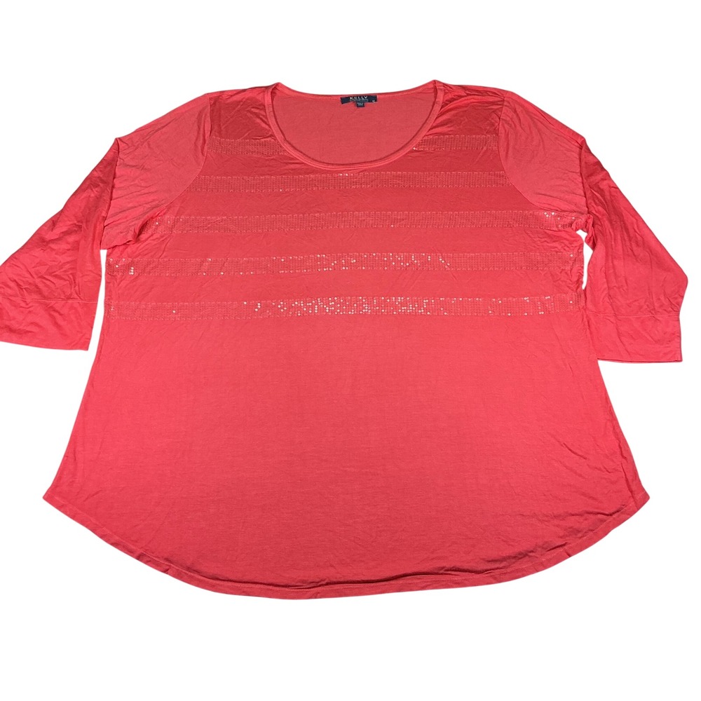 Kelly‎ Clinton Kelly Coral Sequin Top Womens 3X Stretch 3/4 Sleeve Plus Size